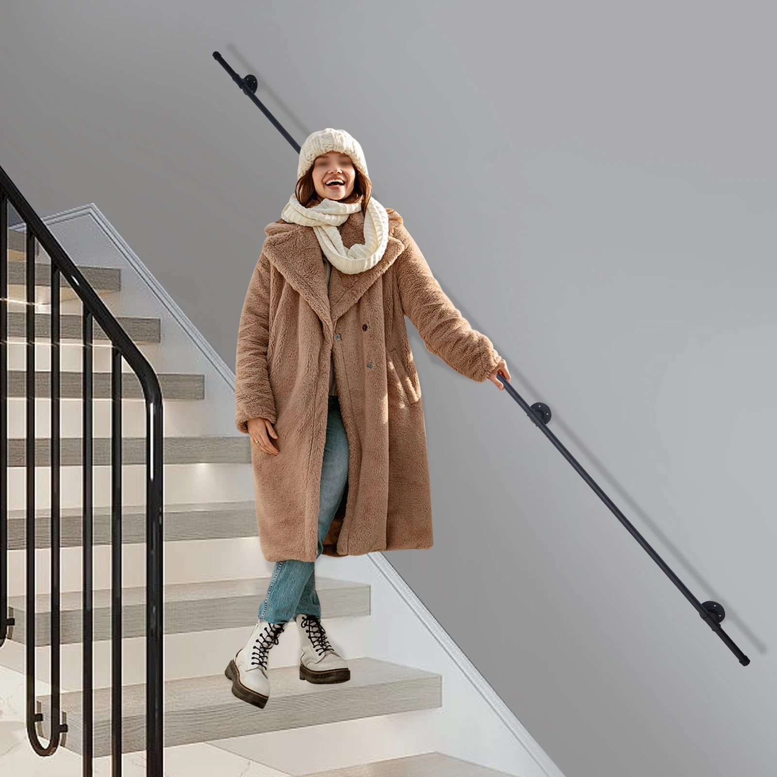 12FT Handrails for Indoor Stairs,Industrial Pipe Staircase Railing with 4 Wall Mount Brackets