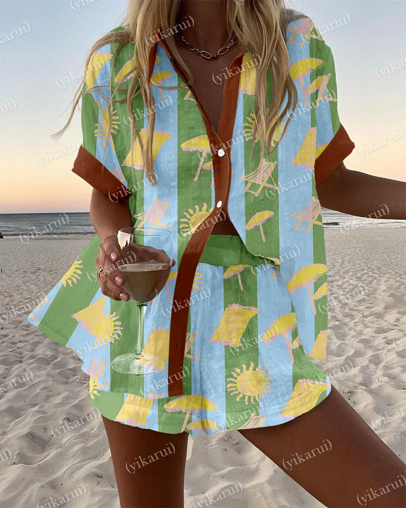 

Summer 2 Pieces Set For Woman Fashion Casual Printed Two Piece Set Colorful Button Short Sleeves Shirts And Shorts Suits Clothes