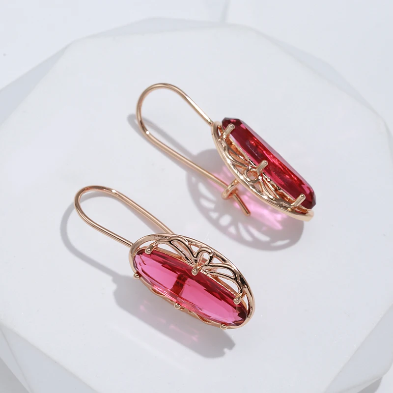 Kinel New Long Oval Red Natural Zircon Drop Earrings Fashion 585 Rose Gold Color Women Hollow Flower Earrings Vintage Jewelry