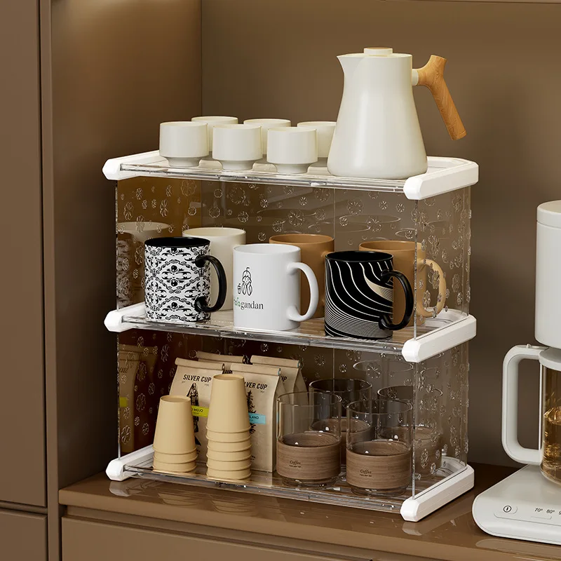 3 Layer Cup Storage Shelf Durable Plastic Shelf Large Capacity Home Table Tea Set Storage Ornament Stackable Kitchen Organizers