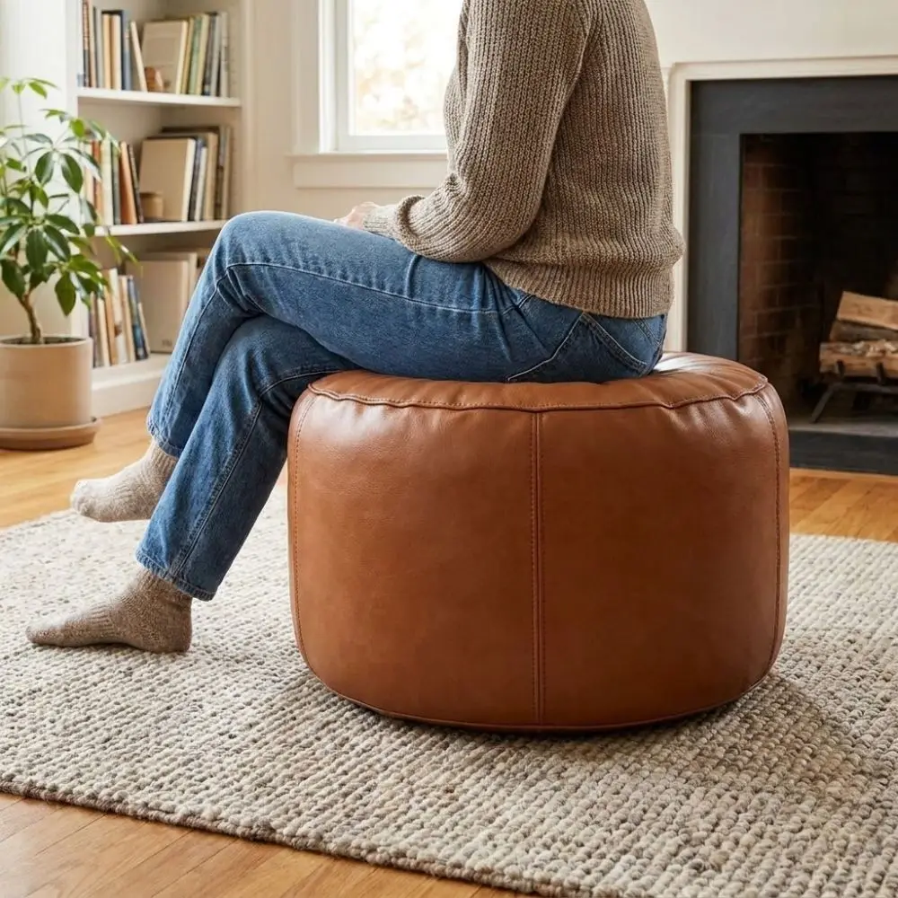 PU Leather Pumpkin Pouf Cover Minimalist Non-Slip Seat Cushion Cover Large Capacity Unstuffed Storage Leg Bench Bedroom