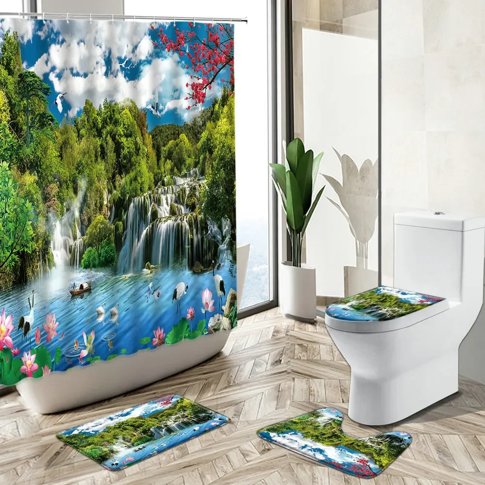 Landscape Scenery Shower Curtain Forest Waterfall Lotus Green Plant Flower Non-Slip Pedestal Rug Toilet Cover Bathroom Deco Set