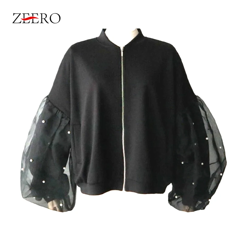 Autumn Vintage Lantern Sleeve Patchwork Mesh O Neck Baseball Jacket Female Casual Pears Beading Black Cropped Tops Zipper Coats