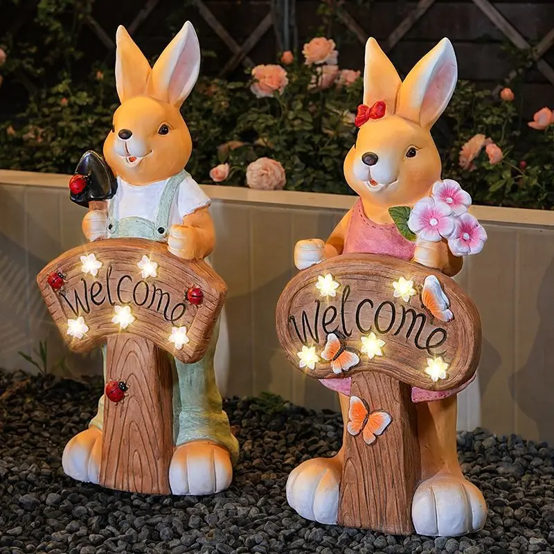 Solar Rabbit Figurine, Handmade Outdoor Garden Decor Waterproof Patio LED Night Light  Magnesium Oxide Craft Statue