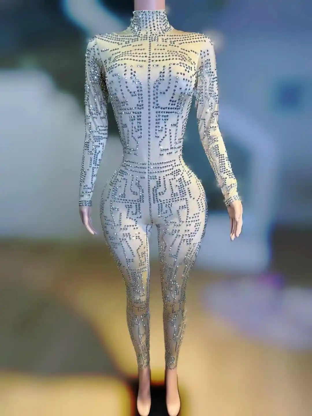 

Ballroom Stage Wear Women Elastic Rhinestone Pole Dance Party Jumpsuits Night Clubwear Mardi Gras One Piece Hot Drilling Outfit