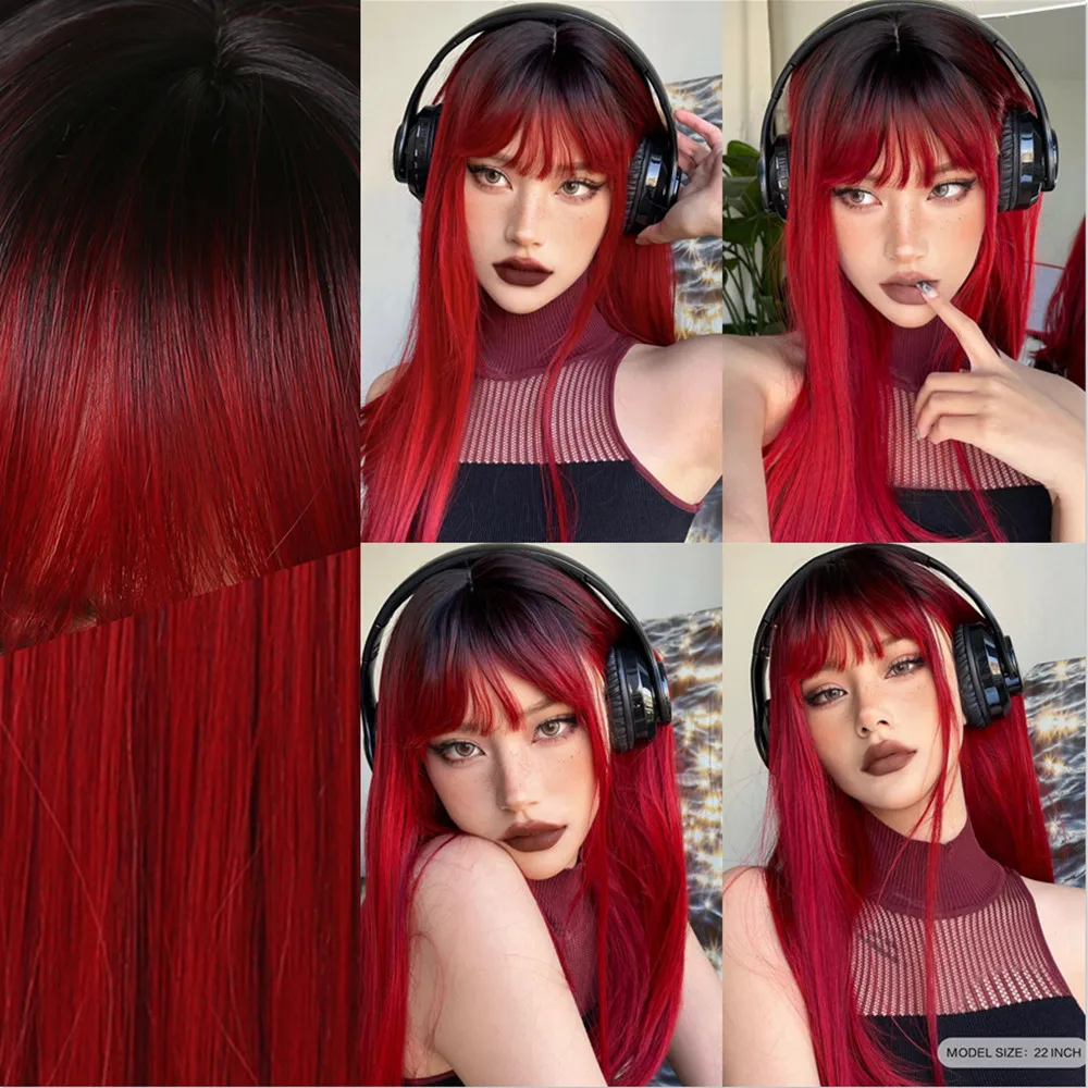 HENRY MARGU Ombre Red Long Straight Synthetic Wig Dark Roots Wigs with Bangs Red Color Daily Party Hair for Women Heat Resistant