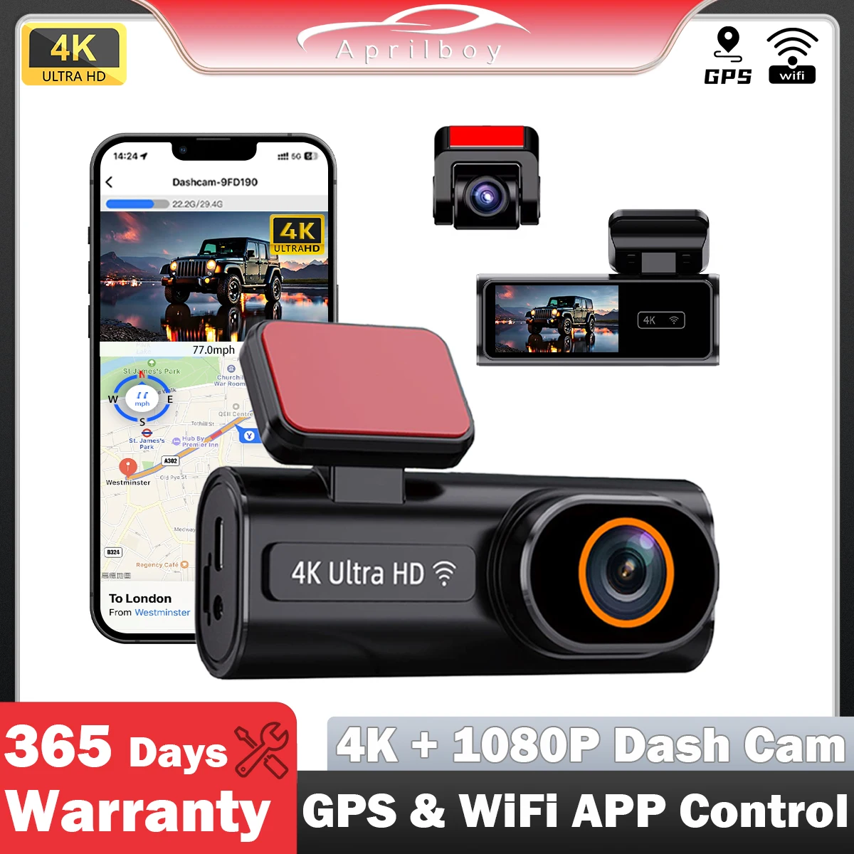 Aprilboy Dash Cam 4K UHD Car Camera Built-in 5.8Ghz WiFi APP Control Dual Lens Black Box Room Camera Super Night Vision