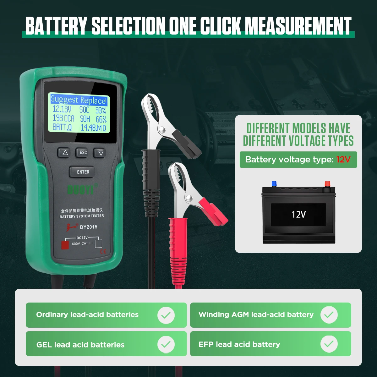 DY2015 Car Battery Test 12V Cold Cranking Amps Capacity Resistance Voltage Maximum Load Charging System Test CCA IEC EN DIN