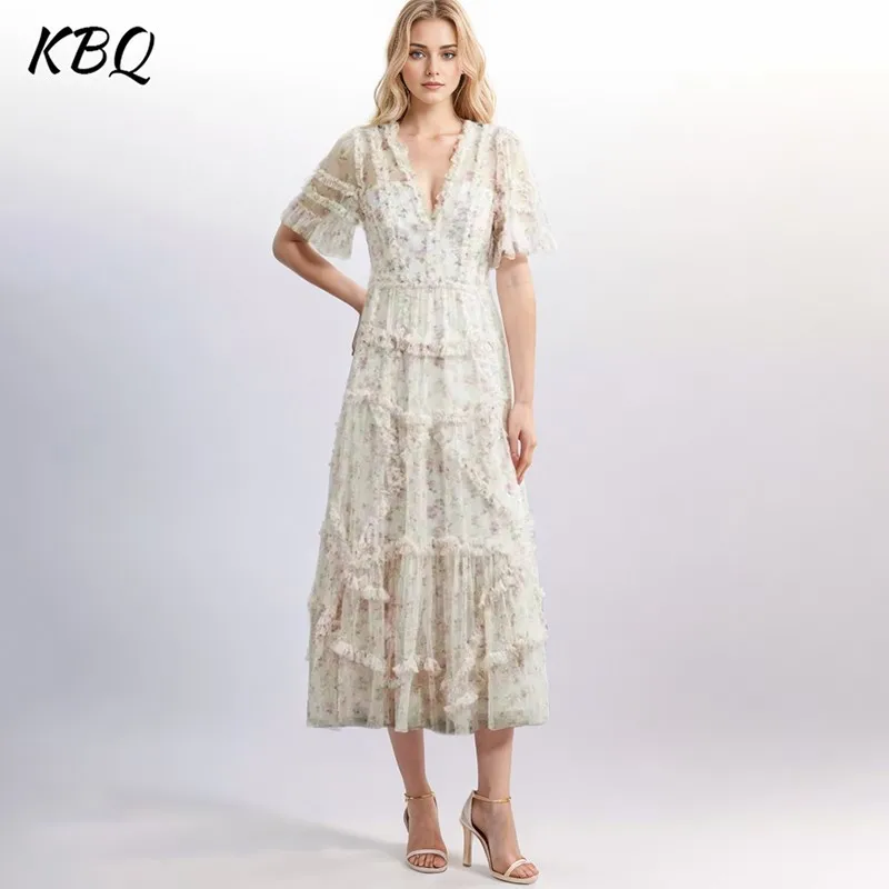 

KBQ Spliced Mesh Dresses For Women V Neck Short Sleeve High Waist Colorblock Printing Elegant Summer Midi Dress Female Fashion