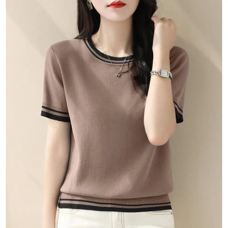 Summer New Contrast Knitting Tops Tees Short Sleeve O-neck Loose Solid Color Elegant T Shirts Vintage Fashion Women Clothing