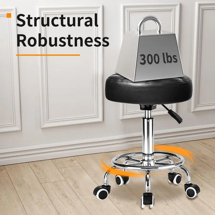 เก้าอี้สตูลหนัง PU ทรงกลม เบาะนั่งบุนุ่มพิเศษ พร้อมล้อเลื่อนและที่วางเท้า รับน้ำหนักได้ 300 ปอนด์ ปรับความสูงได้