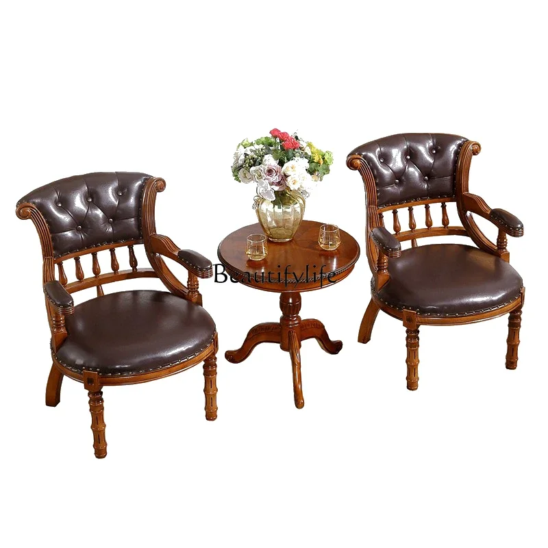

FG10Solid wood carving flower backrest armrest leather chair high-end desk tea table three-piece chair
