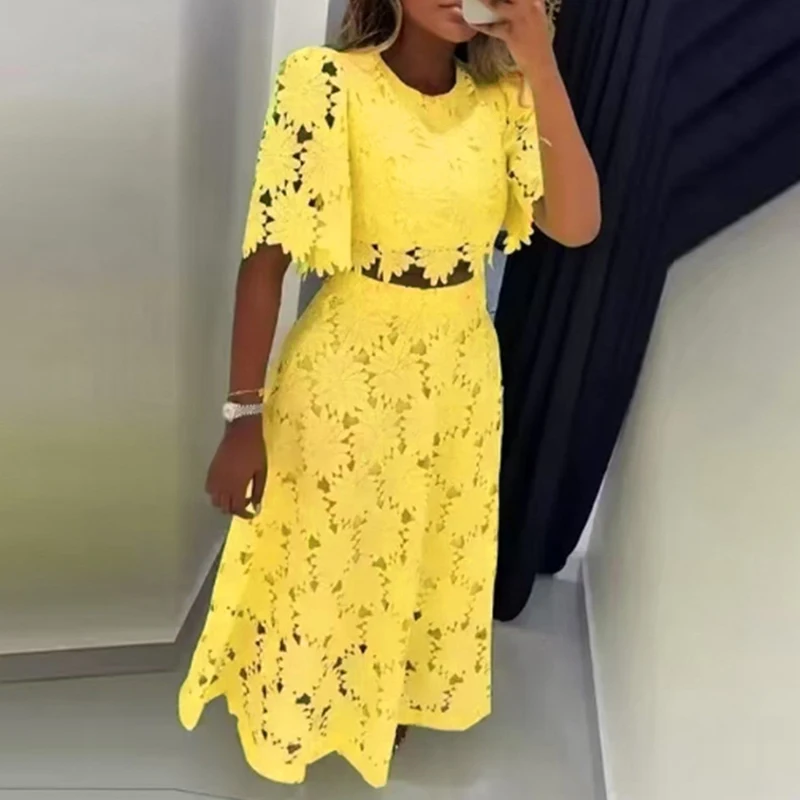 

New Ladies O Neck Short Sleeved Top + Long Skirt Suit Fashion Hollow Lace Slim 2 Piece Sets Elegant Solid Holiday Summer Outfit