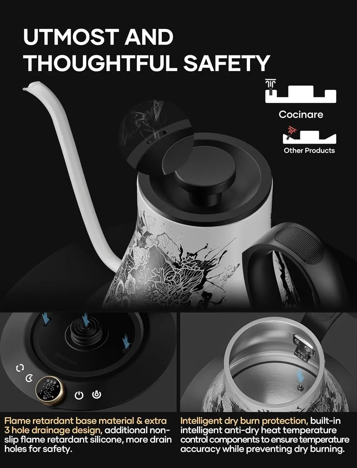 غلاية كهربائية معقوفة مع تحكم في درجة الحرارة، صب فوق القهوة والشاي، 1200 وات لزمن الغليان السريع 180 ثانية، 600 جرام خفيف للغاية،