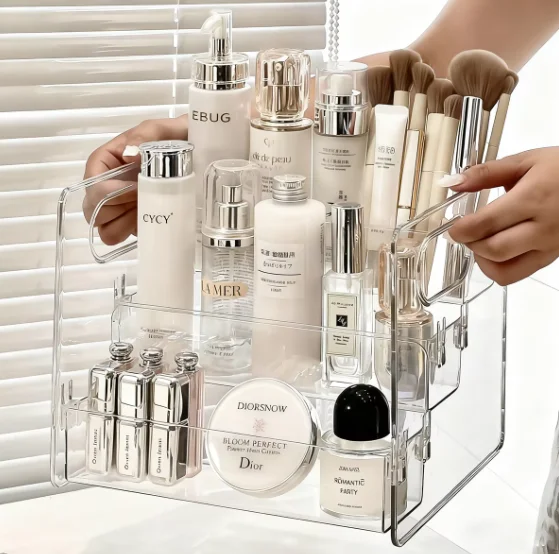 Organisateur de cosmétiques de bureau en acrylique transparent, panier de rangement incliné pour maquillage, rouge à lèvres, parfum, masque facial et autres, 1 pièce