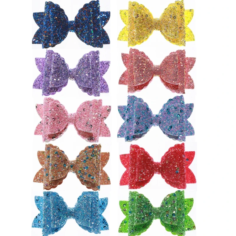 

60PCS 8.5CM Boutique Glitter Synthetic Leather Hair Bow For Hair Clip Messy Sequin Bow Knot ForGirl Hairgrips Hair Accessories