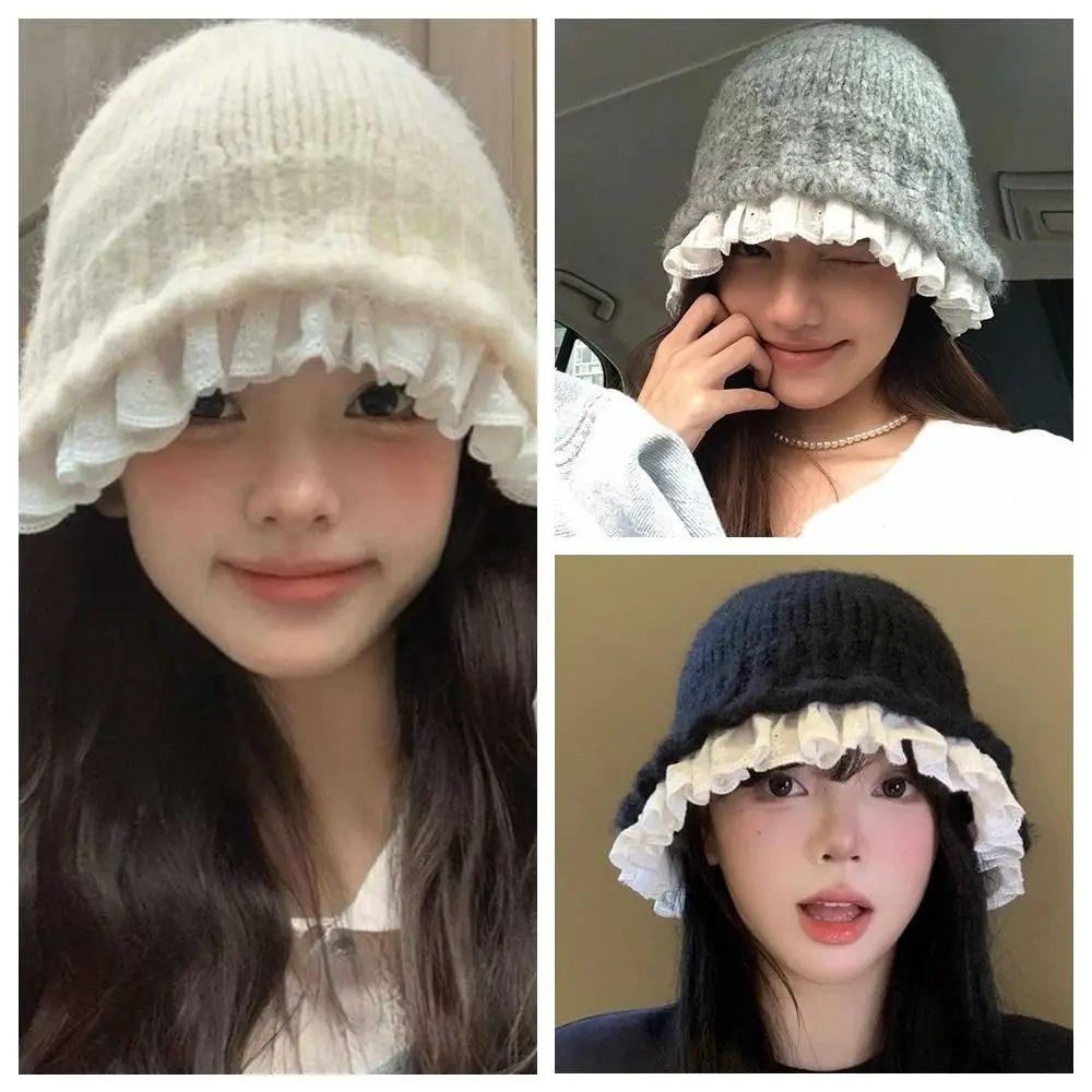 달콤한 레이스 트림 니트 어부 모자 얀 솔리드 컬러 여성 버킷햇 큰 머리둘레 한국 스타일 비니 모자 소녀용