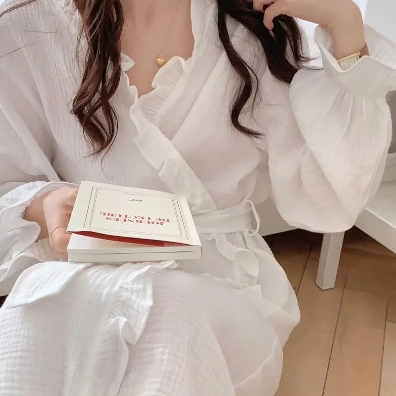 Long Flare Sleeve Nightgowns Women Elegant Simple Ruffles Solid White Fall New V-neck Midi Homewear Mujer Soft Cozy Breathable