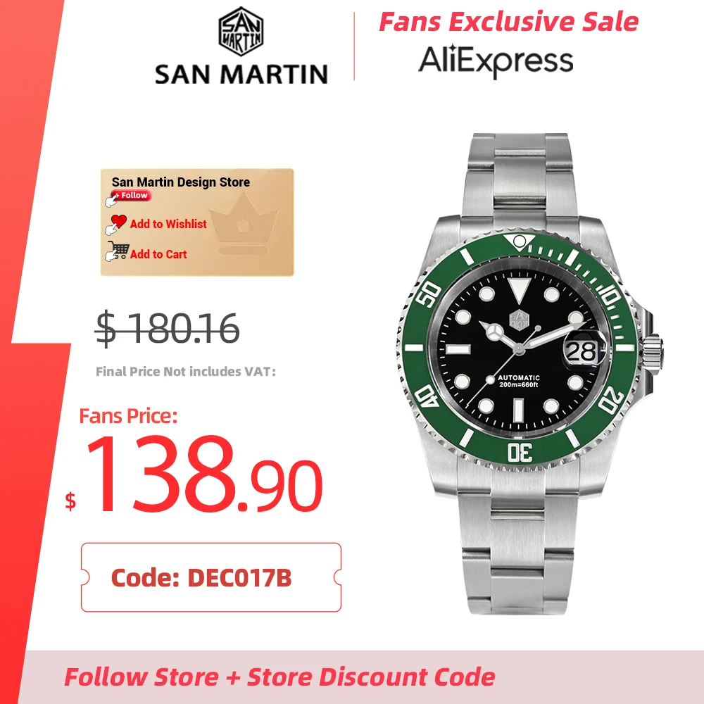 San Martin Men Diving Watches Luxury Business Stainless Steel Automatic Mechanical Watch Sapphire Glass Waterproof 20Bar SN0017