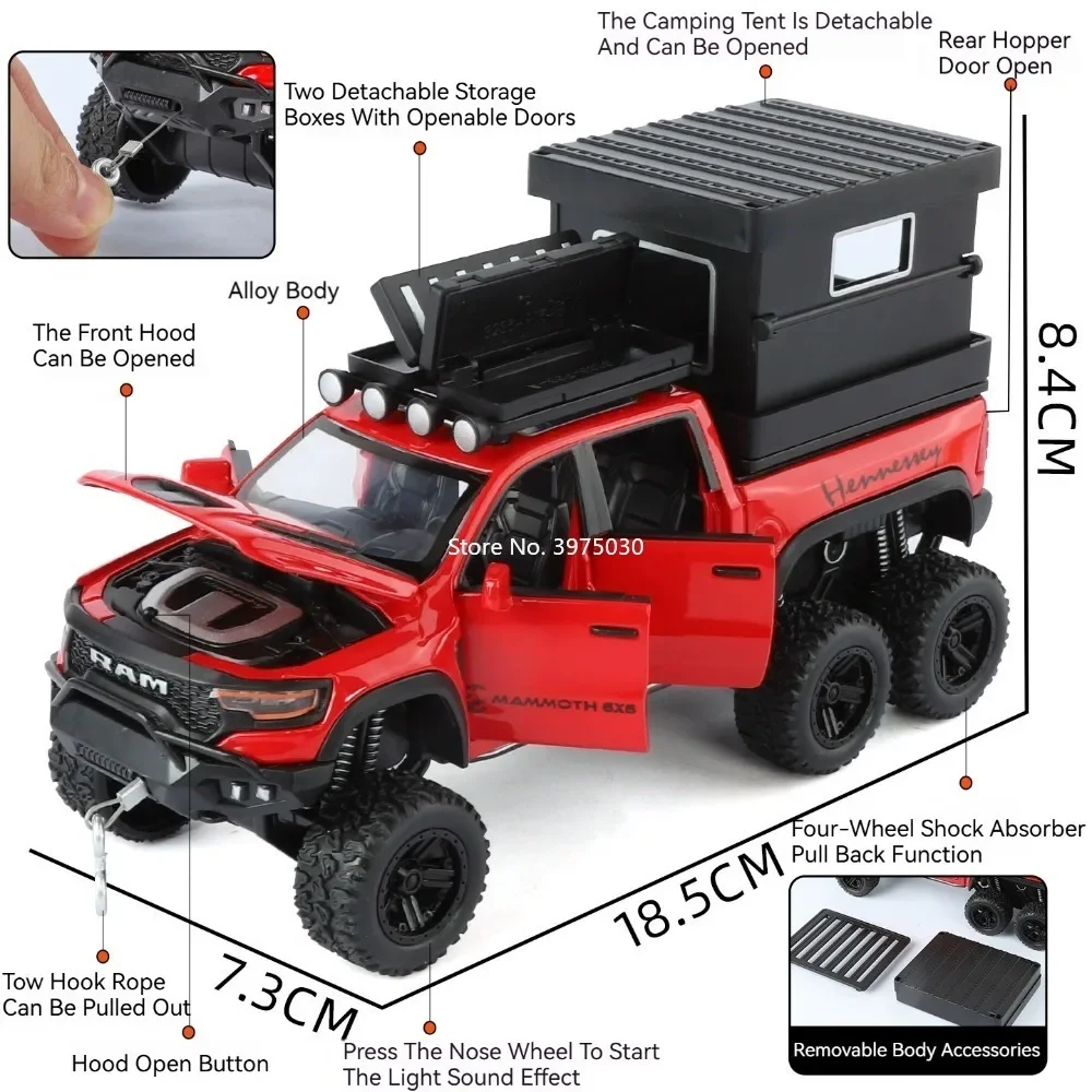 1:32 Scale Dodge RAM Mammoth 6x6 Toys Cars Alloy Diecast Models with Light Sound Pull Back Miniature Vehicles Table Decorations