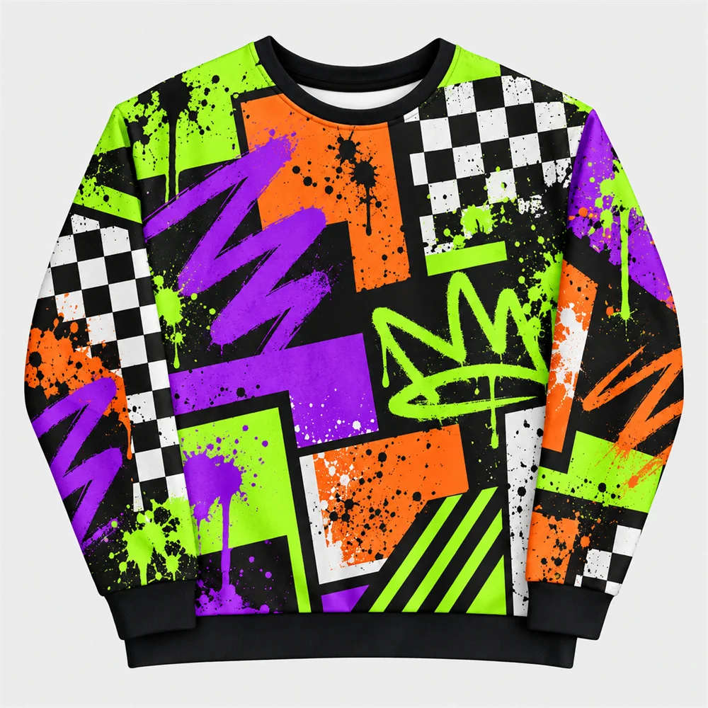 80s 90s Geometric Sweatshirt For Men Abstract Patchwork 3D Print Crew Neck Pullover Retro Hip Hop Style Casual Party Streetwear