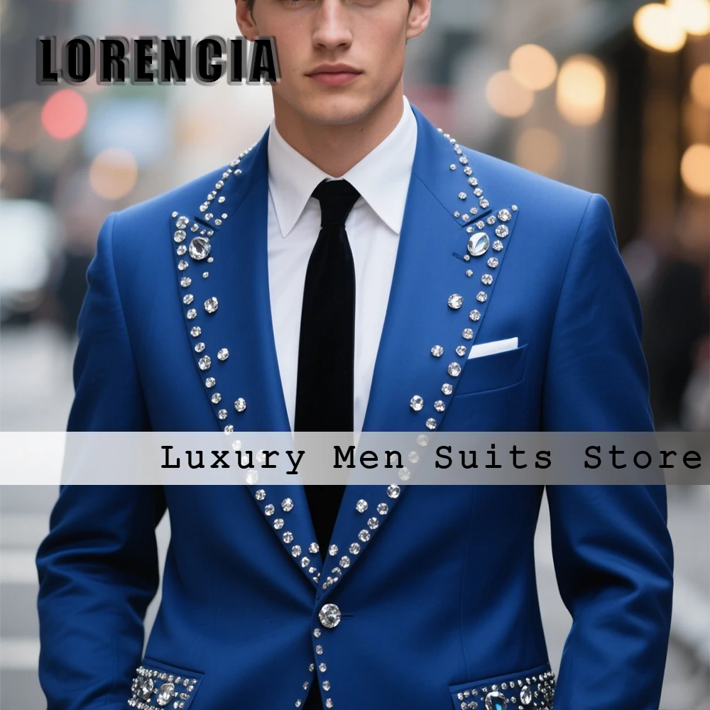 

Luxury Crystal Suits for Male 2 Pieces Single Breasted Tuxedos Wedding Groom Customized Blazer Pants jaqueta masculina couro