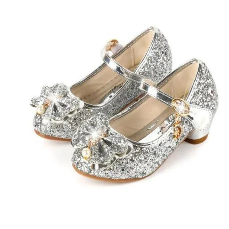 Chaussures en cuir papillon princesse pour enfants, nœud papillon en diamant, talon haut pour enfants, chaussures de danse à paillettes pour filles, mode de fête