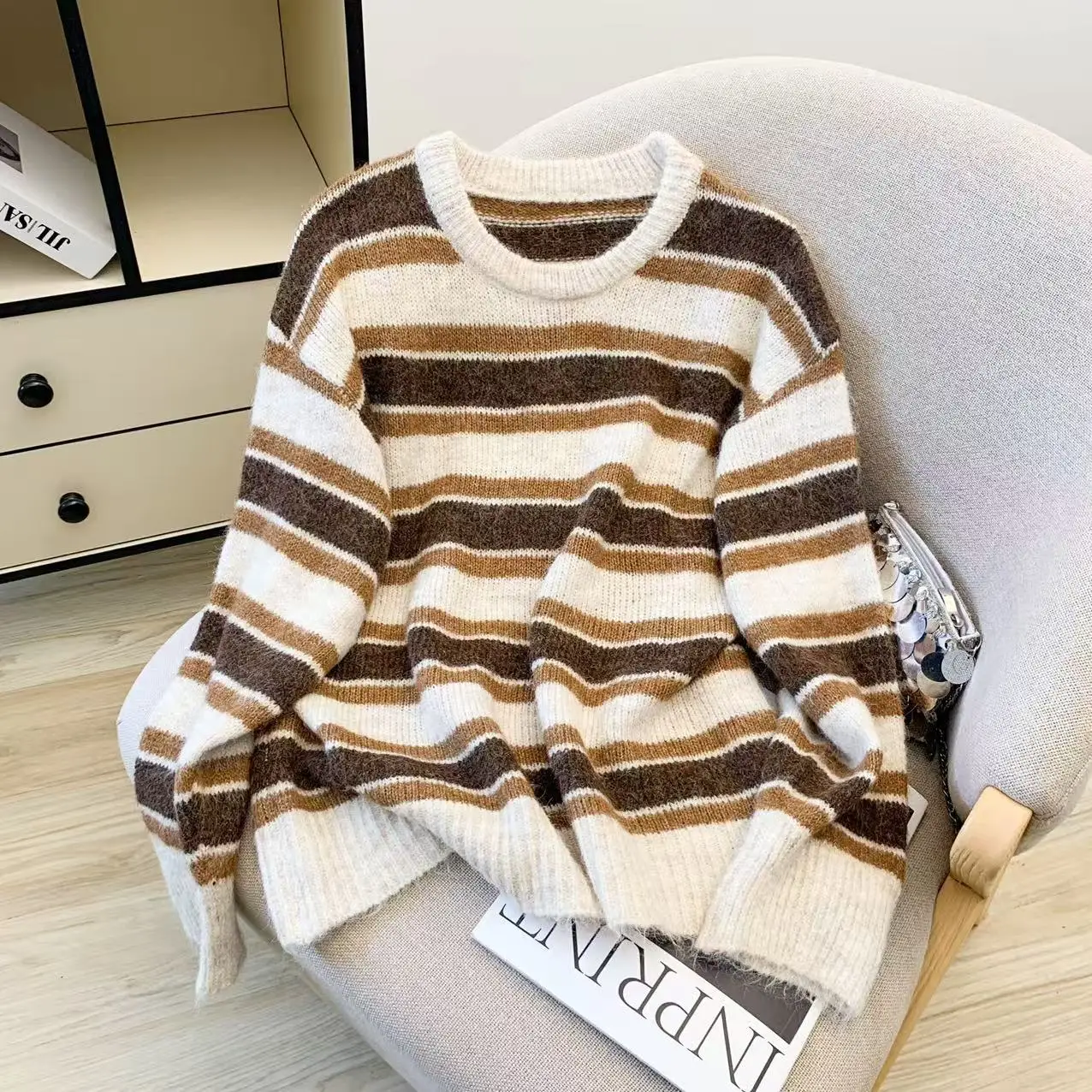 

Женский вязаный пуловер, полосатый свитер, винтажный кашемировый свитер 2000-х годов с длинными рукавами для женщин, осенне-зимняя одежда 2025
