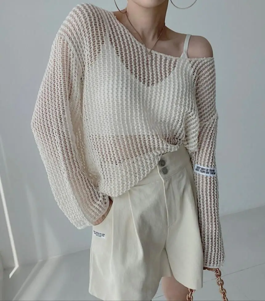 Long Sleeve T-shirt Women Summer Thin Section Hollow Ice Silk Knit Sunscreen Coverall Korean Loose Tops