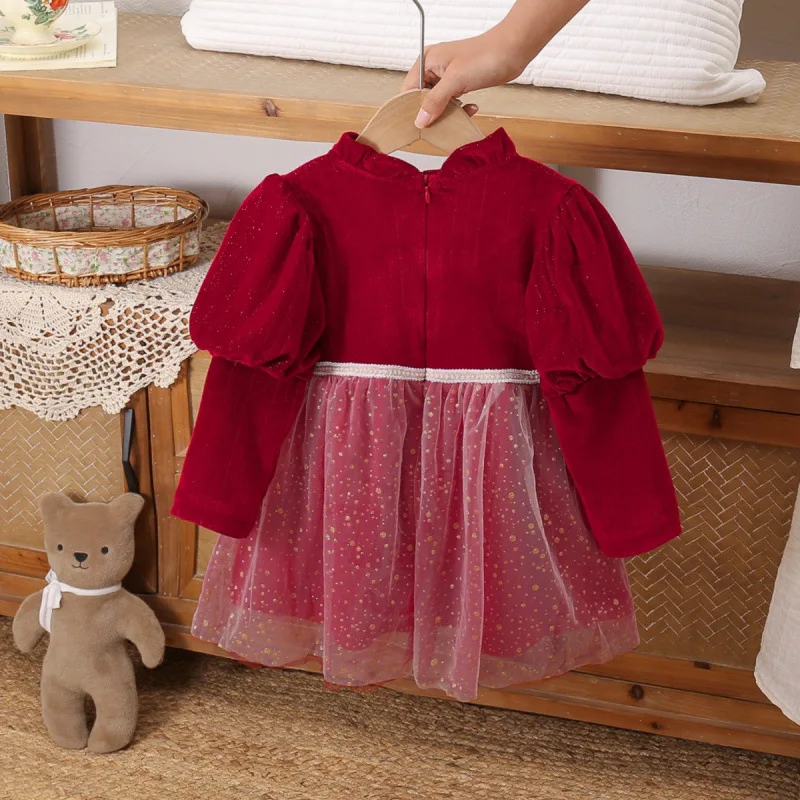 

2025New Year Princess Dress Red Gown for Children Baby Fashionable Stylish Velvet Winter New Year Long Sleeve Dress
