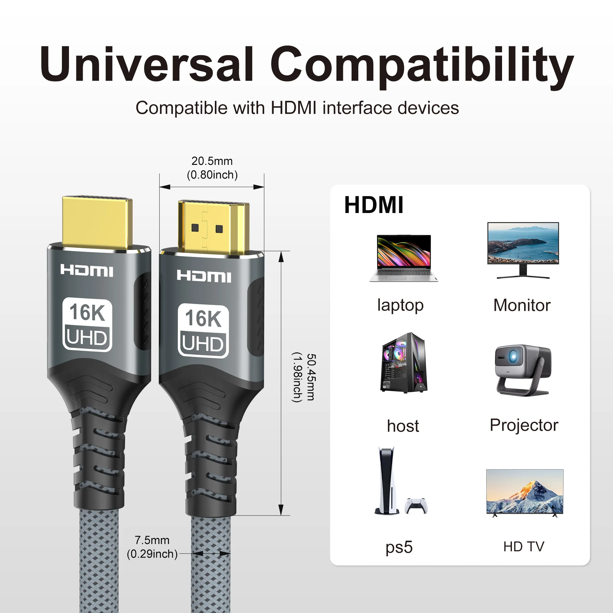 كابل متوافق مع HDMI 16K كابل HDMI 2.2 16K @ 30 هرتز/60 هرتز 8K @ 120 هرتز 4K @ 240 هرتز HDR eARC 96 جيجابت في الثانية لأجهزة الكمبيوتر المحمول HDTV Xbox PS5 Switch