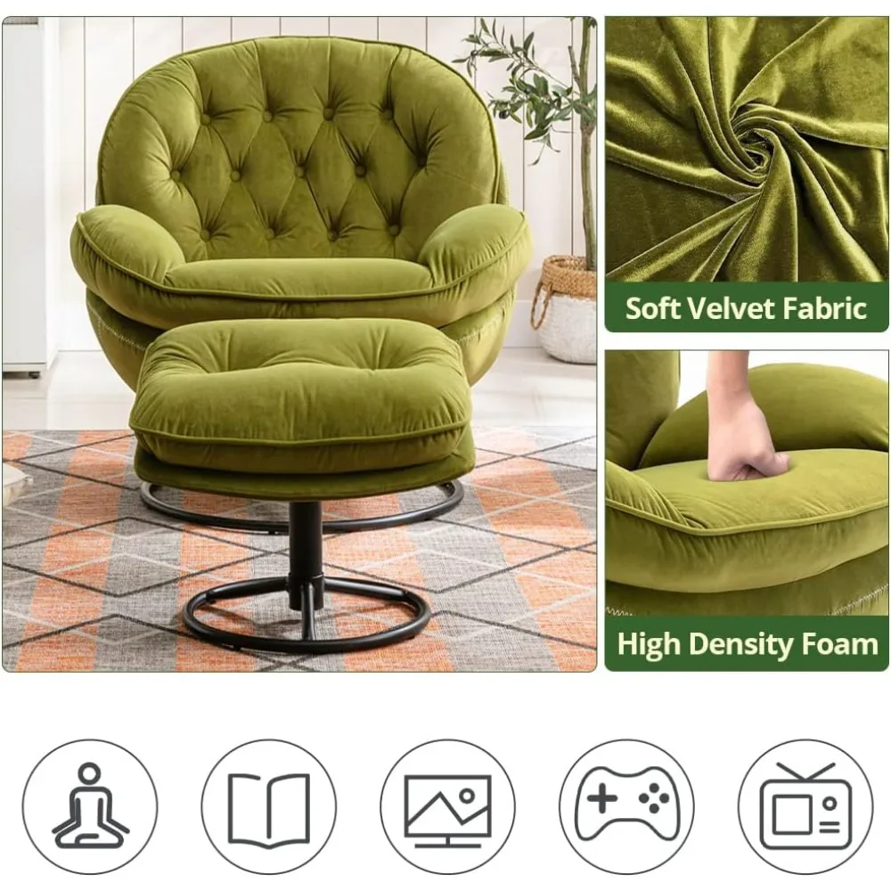Luksusowy zestaw obrotowego fotela i pufy z aksamitu, nowoczesny fotel wypoczynkowy z metalową ramą i podnóżkiem, przytulna pojedyncza sofa wypoczynkowa.
