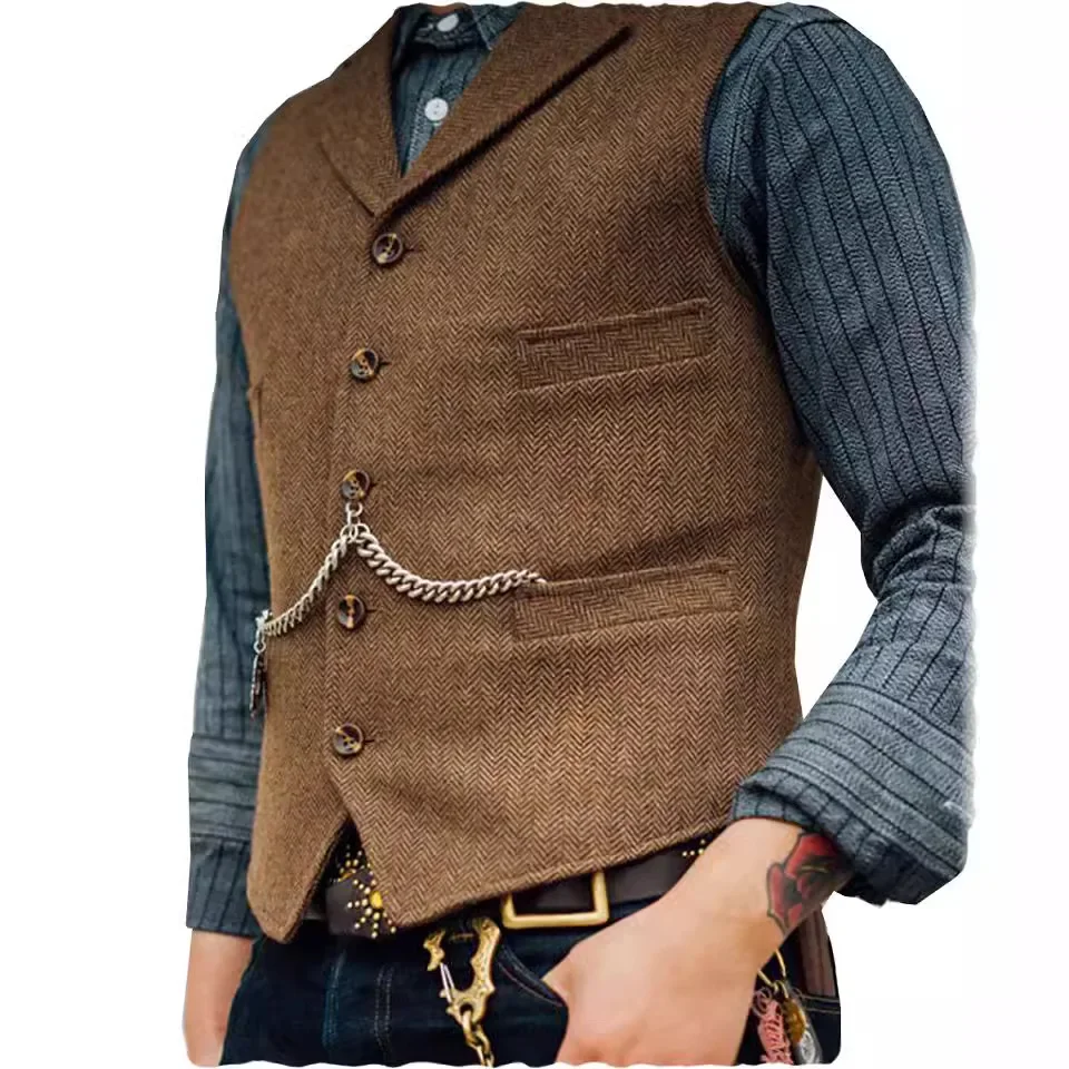 Wool Tweed Men's Suits Vest for Groomsmen Wedding Lapel Casual Slim Business Vests Sleeveless Waistcoat Male Gilet Homme Vests