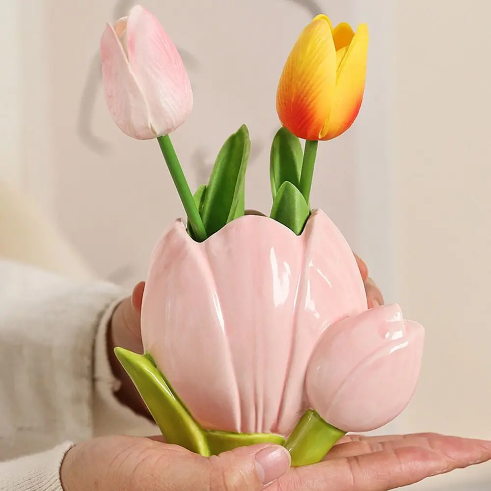 لطيف زهرة التوليب حامل قلم السيراميك الرجعية فرشاة للمكياج تخزين دلو سعة كبيرة متعددة الوظائف القرطاسية الرف طالب