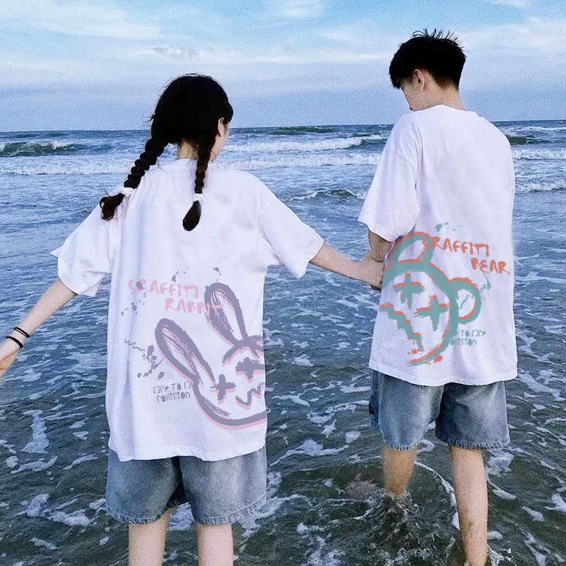 Couples T Shirts Men T-Shirts Cotton Oversized T Shirt Women Summer Clothes Double Sided Print Tshirt Couple King Queen Y2k Tops