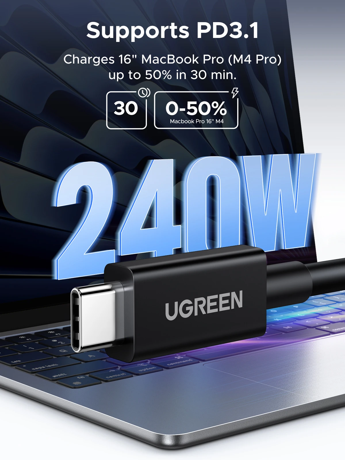 UGREEN Kabel Thunderbolt 5 USB 4 Type C do Type C 240W PD Szybkie Ładowanie 16K@60Hz Transmisja Danych 120Gbps Gen Dla Apple Macbook — zdjęcie produktu 4