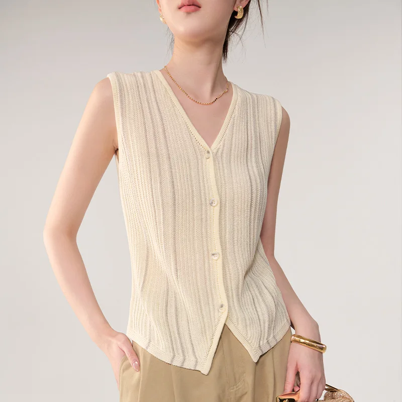 Women V Neck Button Down Knit Vest Sleeveless Vertical Ribbed Slim Fit Cardigan Tank Top, Lightweight Soft