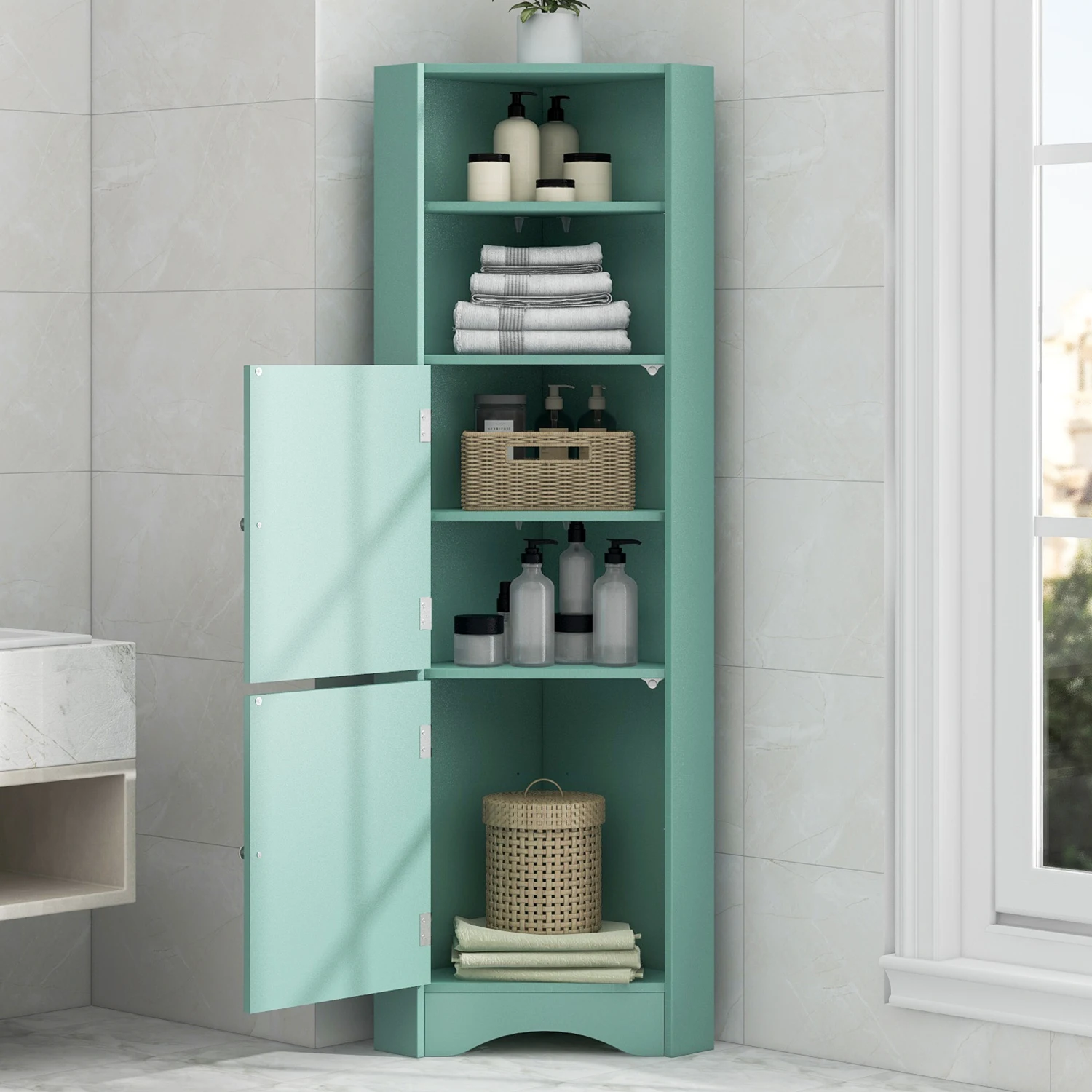 Bathroom Corner Cabinet with Doors & Adjustable Shelves, MDF, Green