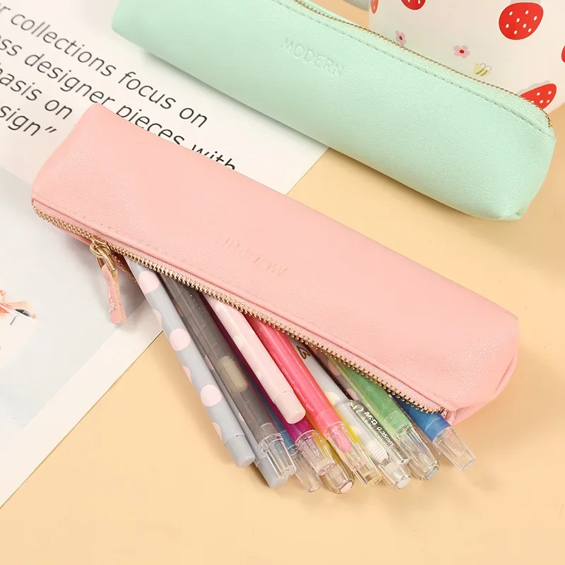 Mini Pencil Bags PU Solid Color Student Supplies Kawaii Zipper Bags Pencil Case Pouch Makeup Bag Cosmetic Bag Organizer Neceser