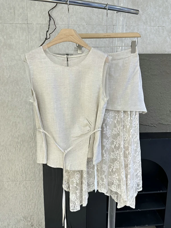 

Korean Style Summer 2026 Lace Trimmed Linen Skirt Set Women's Fashion Sleeveless Belted round Neck Two-Piece Suit