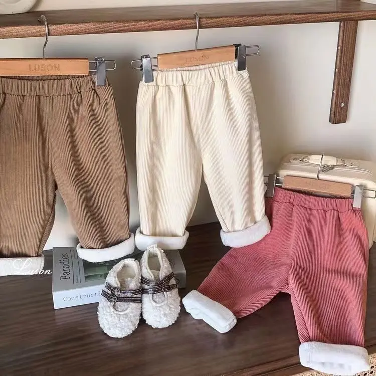 

Autumn and Winter New Children's Velvet Casual Pants Medium and Small Children's Baby Corduroy Warm Boys and Girls Straight Pant