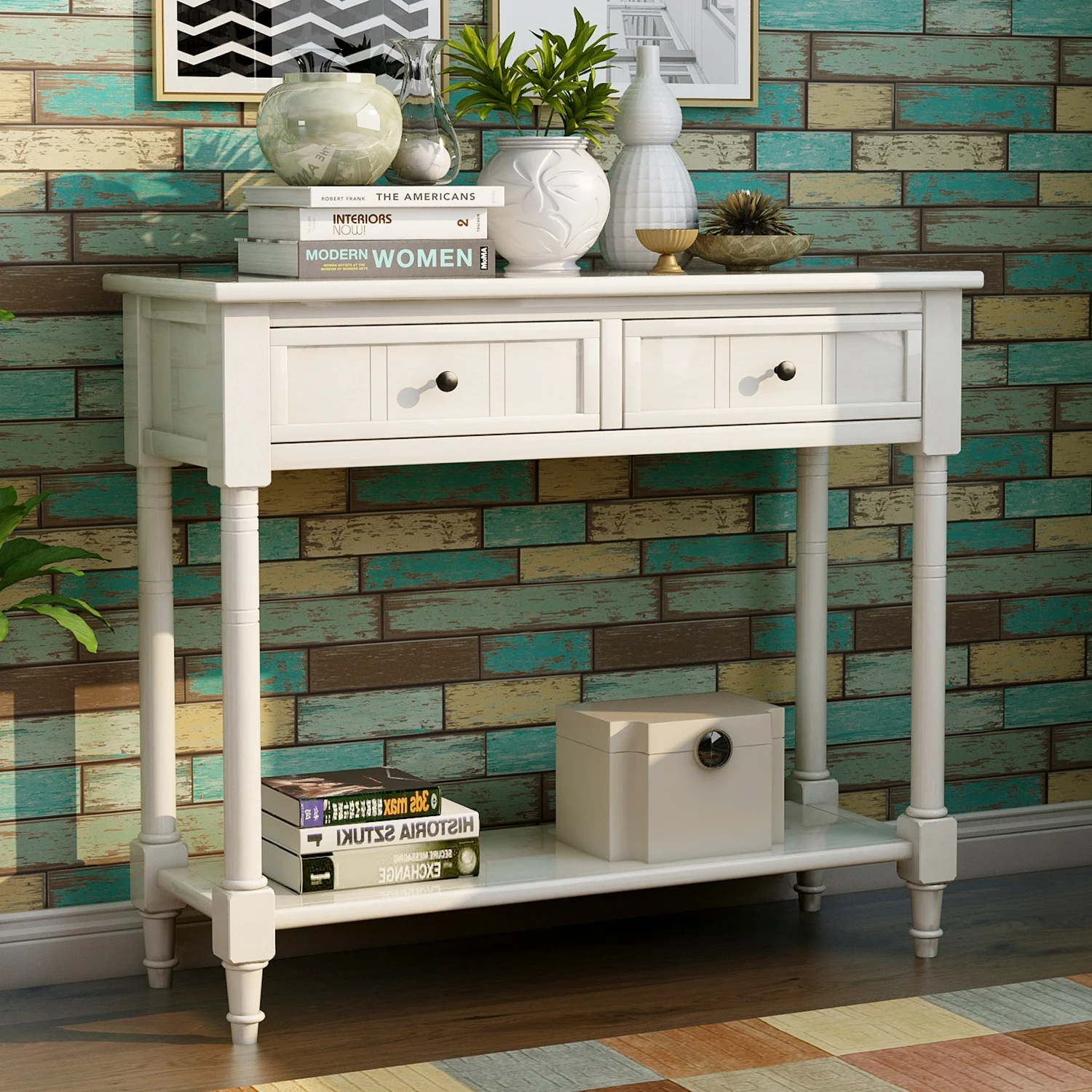 Console Table with Two Drawers & Bottom Shelf in Traditional Daisy Series Design (Ivory White)