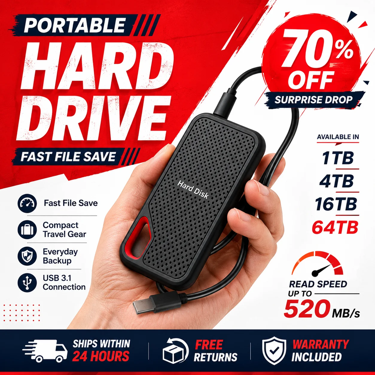 Portable 2TB External SSD Hard Drive USB 3.1 Type-C Fast Storage for Laptop/Mac/PC Compact Build