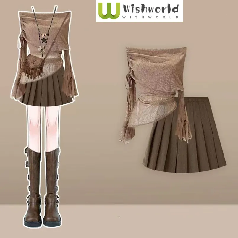 Maillard Retro Set Spring and Autumn One Shoulder Irregular Top+Slimming Pleated Short Skirt Two Piece Set