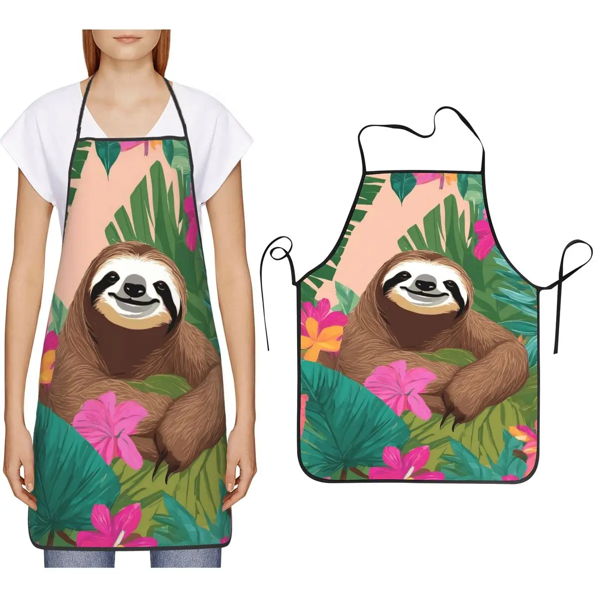 Whimsical Sloth On Tropical Leaf Aprons Chef Cooking Baking Tablier Bib Kitchen Cleaning Pinafore for Women Men Painting