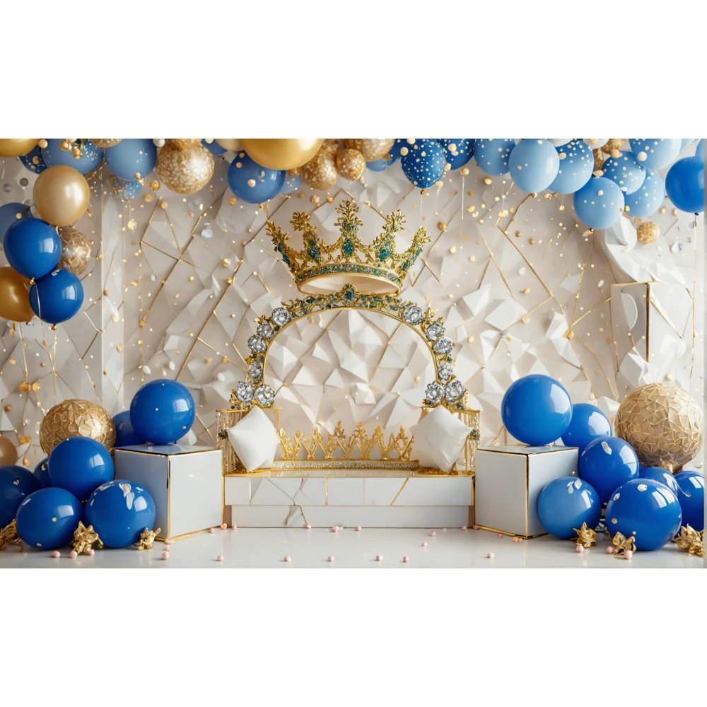 

King Crown Royal Blue and Golden 1st Birthday Backdrops Classic Style Cake Smash Photography Backgrounds for Prince Baby Shower
