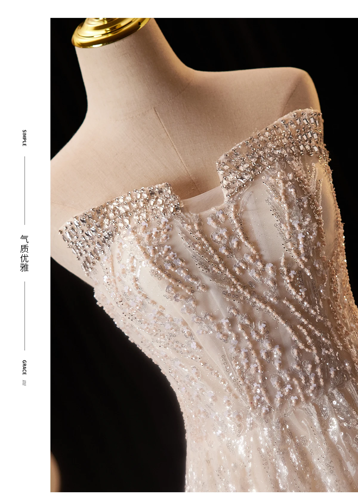 L & P DQL ستوديو فستان سهرة رائع الشمبانيا فساتين لحضور الحفلات الموسيقية بدون حمالات الزهور الصناعية الكبرى الديكور الساطع الترتر فستان الحفلات