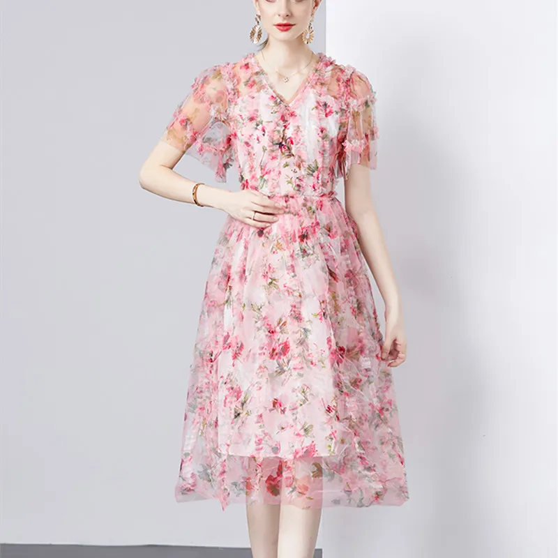 

Exquisite Flower Print Women's Mesh Pink Midi Dress Summer Short Sleeve Elegant V-Neck High Waist A-line Ruffle Party Dress