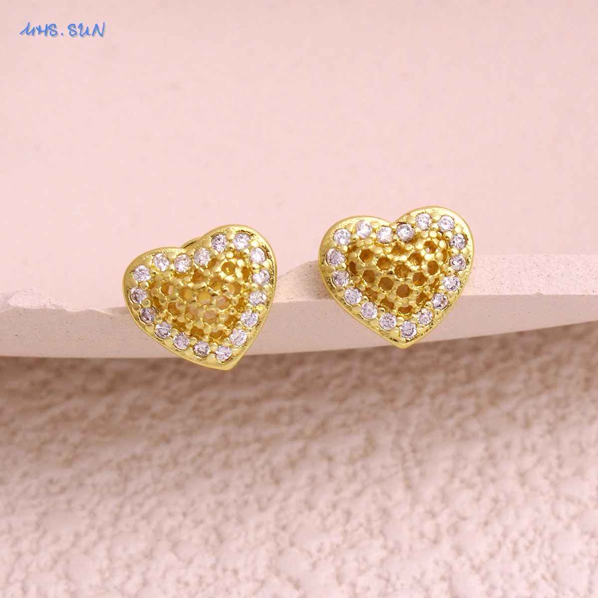 MHS.SUN Unique Design Zircon Heart Stud Earrings for Women Gold Color Hollow Peach Heart Earring Jewelry Wedding Party Gifts