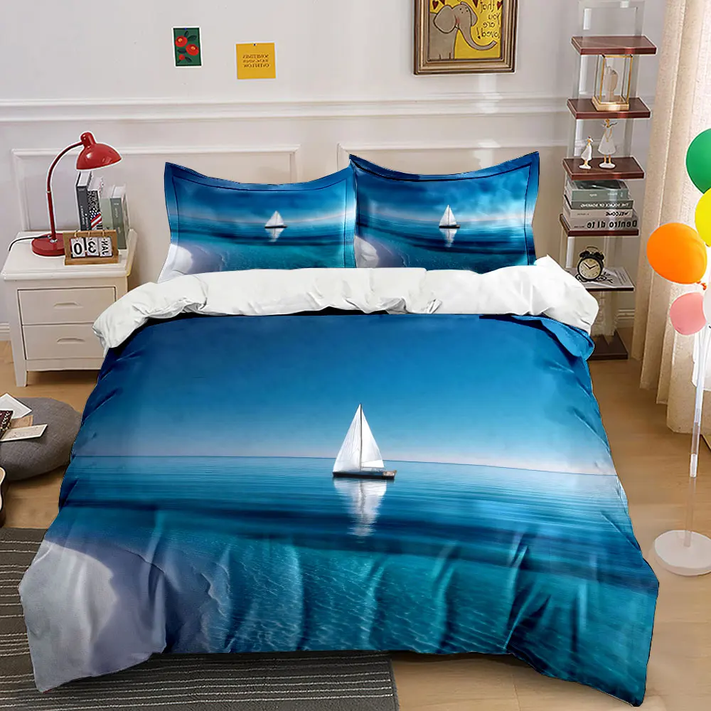 Sailing Beach Landscape Decor Set Bedding Set with 1 Duvet Cover 2 Pillowcases Single Double King Queen, Gift